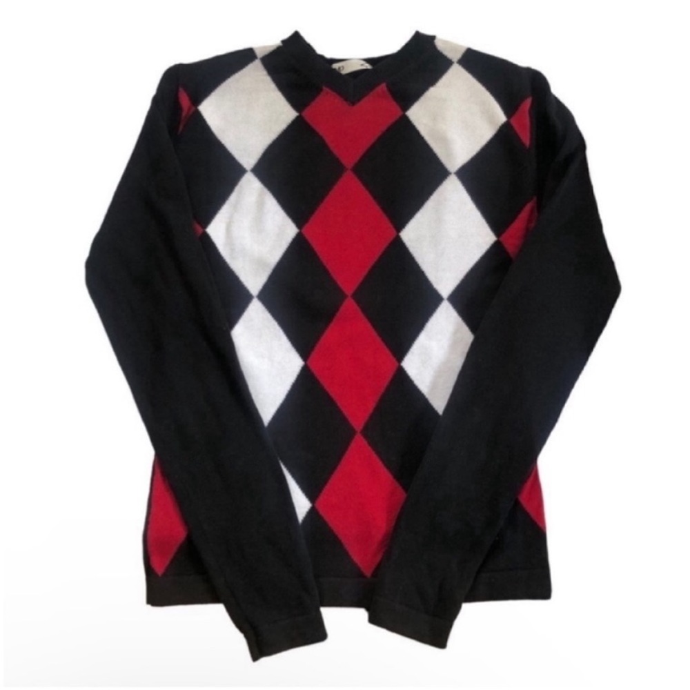 Vintage Y2K Hyp Golf Argyle Sweater Black White Red V-Neck 90s Dark Academia XS